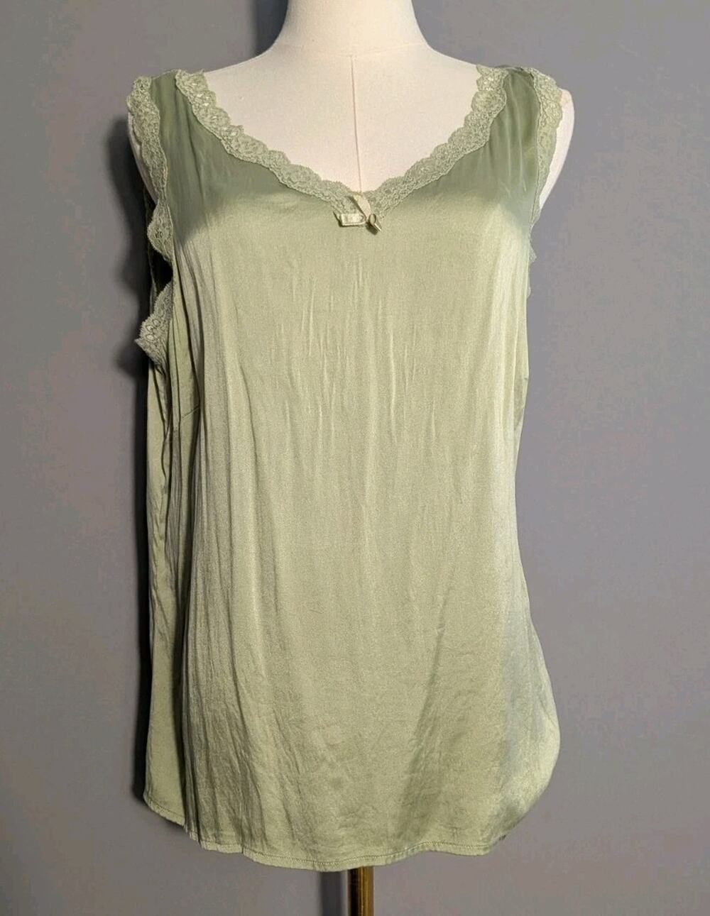 Kathleen Kirkwood Silk Lace Trim Sleeveless Cami Tank Top Sage Green Large Y2K